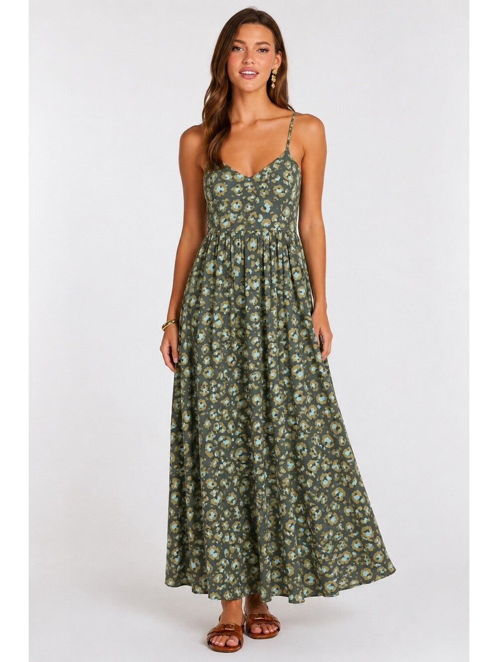Pach Young Lagos Maxi Dress Green Print Spaghetti Strap Size 2xl  Organic Cotton
